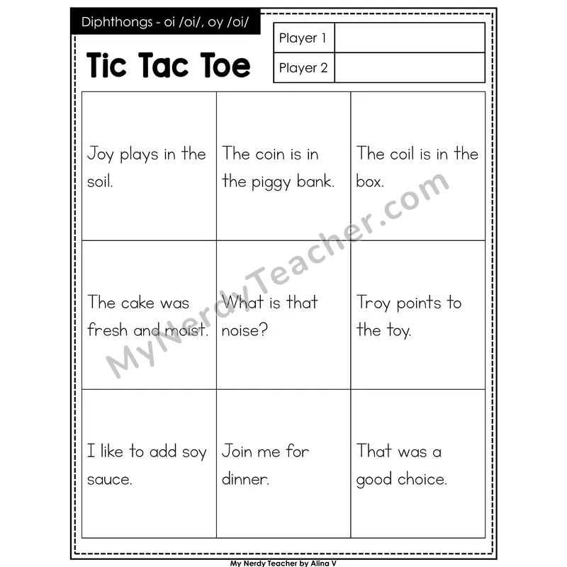 Diphthongs oi, oy Tic Tac Toe Decodable Sentences (Black & White)