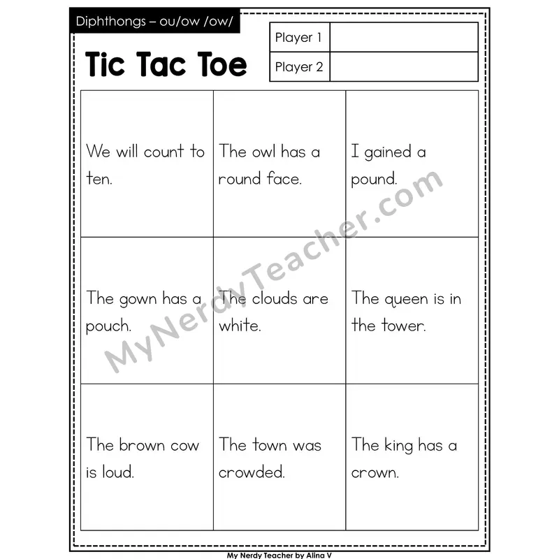 Diphthongs ou, ow Tic Tac Toe Decodable Sentences (Black & White)