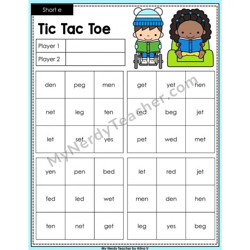 Short e Tic Tac Toe Decodable Words