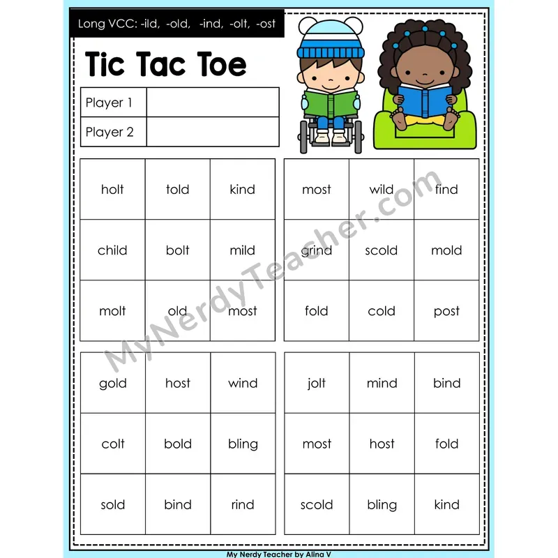 Long VCC (-ild -old -ind -olt -ost) Tic Tac Toe Decodable Words