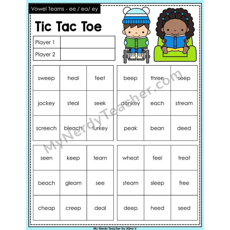 Vowel Teams ee, ea, ey Tic Tac Toe Decodable Words