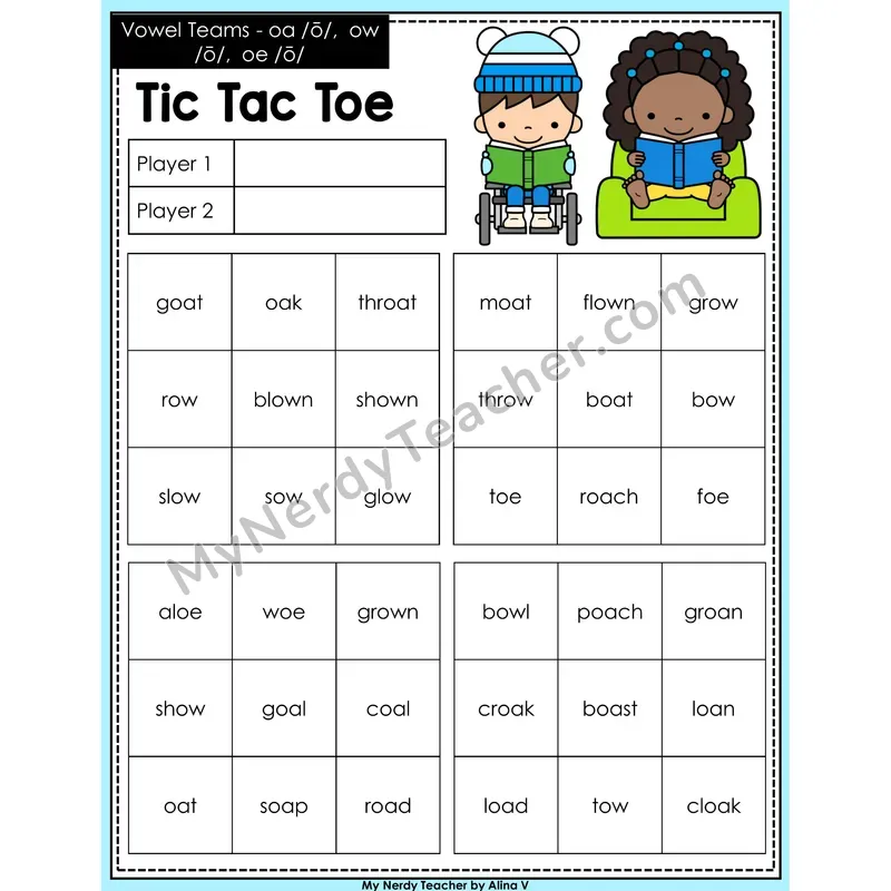 Vowel Teams oa, ow, oe Tic Tac Toe Decodable Words