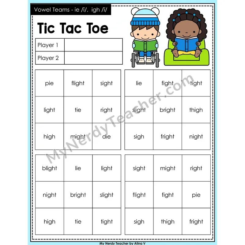 Vowel Teams ie, igh Tic Tac Toe Decodable Words