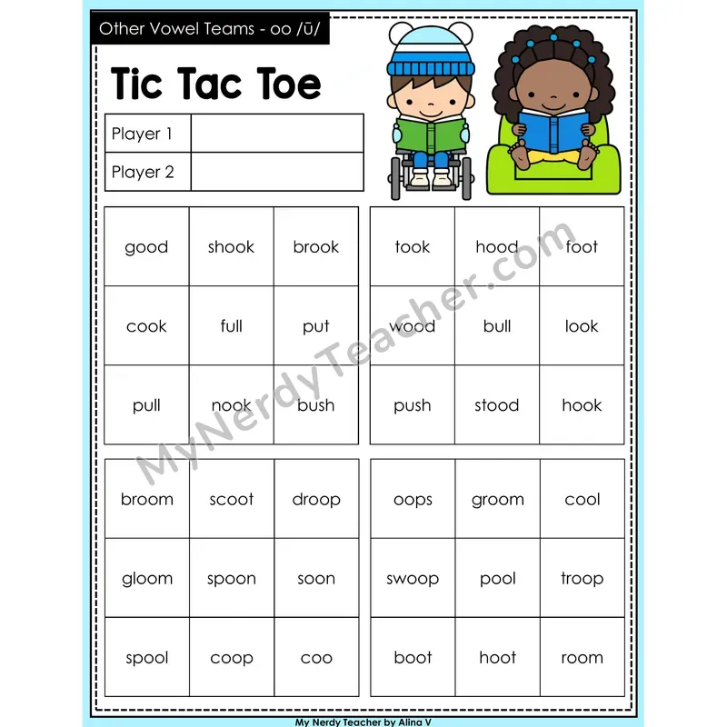 Other Vowel Teams oo (long) Tic Tac Toe Decodable Words