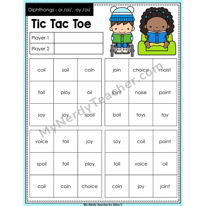Diphthongs oi, oy Tic Tac Toe Decodable Words