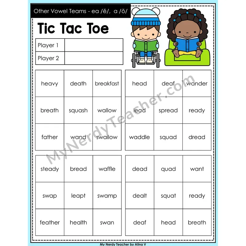 Other Vowel Teams ea short e, a short o Tic Tac Toe Decodable Words