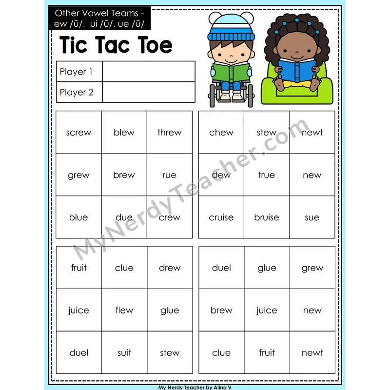 Other Vowel Teams ew, ui, ue Tic Tac Toe Decodable Words
