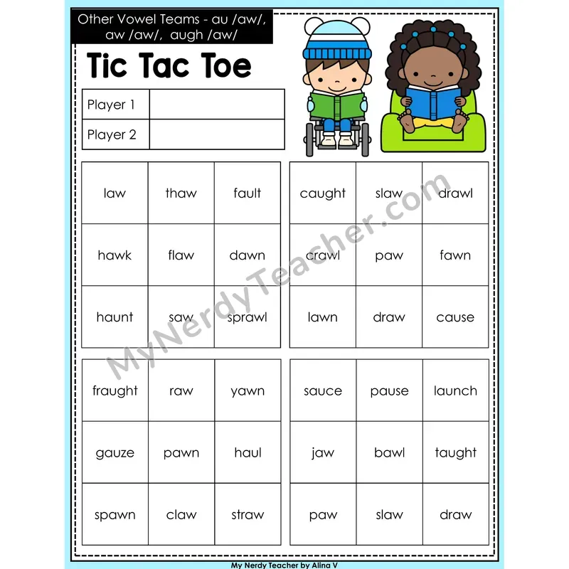 Other Vowel Teams au, aw, augh Tic Tac Toe Decodable Words