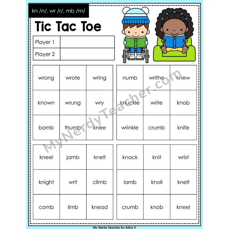 Silent Letters (kn, wr, mb) Tic Tac Toe Decodable Words