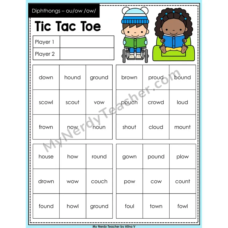Diphthongs ou, ow Tic Tac Toe Decodable Words