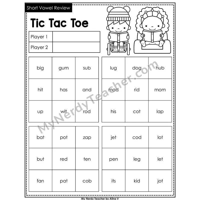 Short Vowels Review Tic Tac Toe Decodable Words (Black & White)