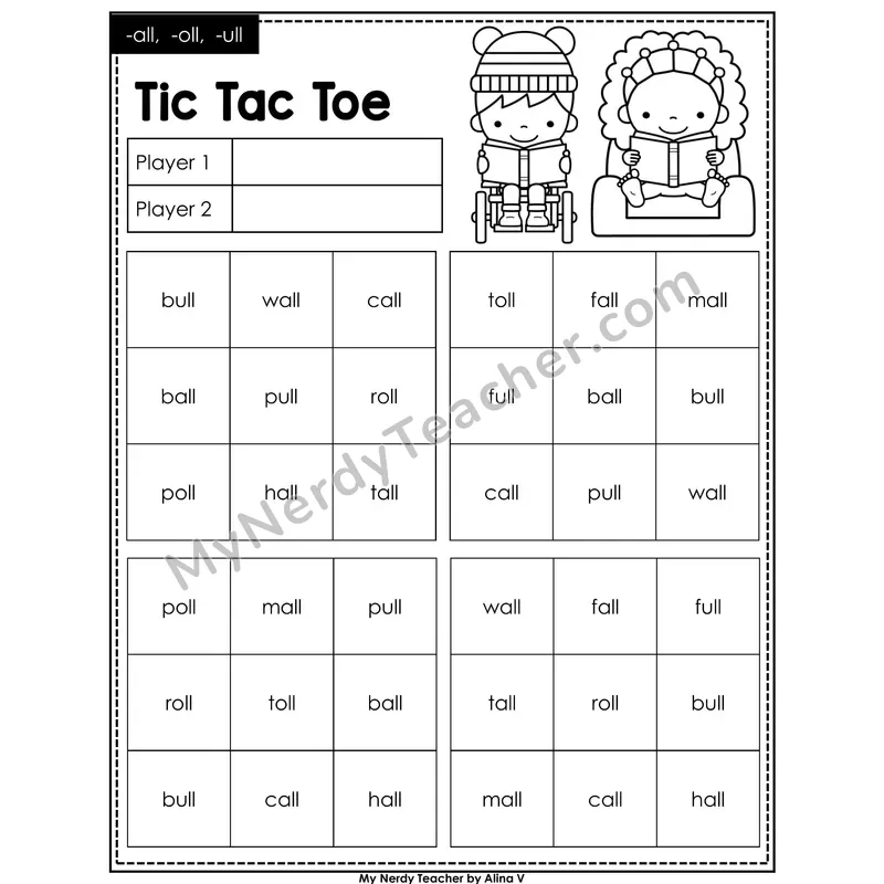 -all -oll -ull Tic Tac Toe Decodable Words (Black & White)