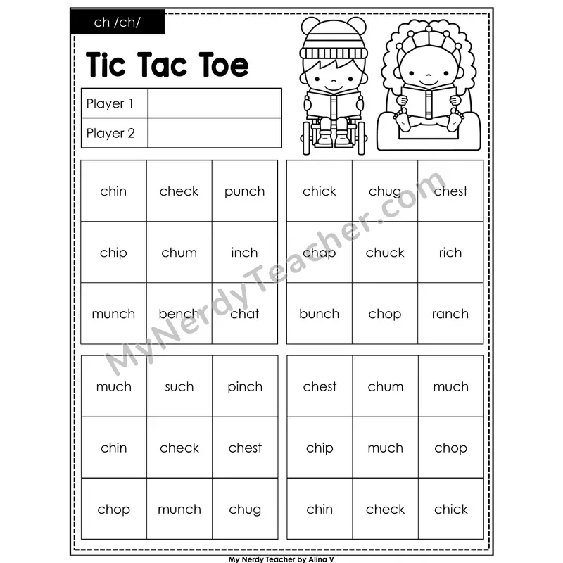 ch digraph Tic Tac Toe Decodable Words (Black & White)