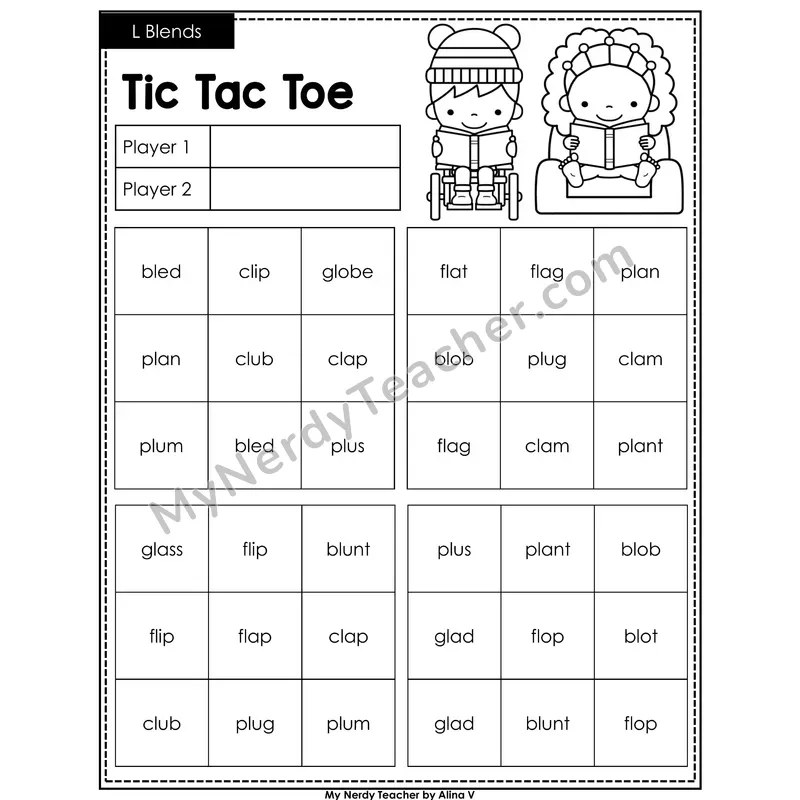 L Blends Tic Tac Toe Decodable Words (Black & White)