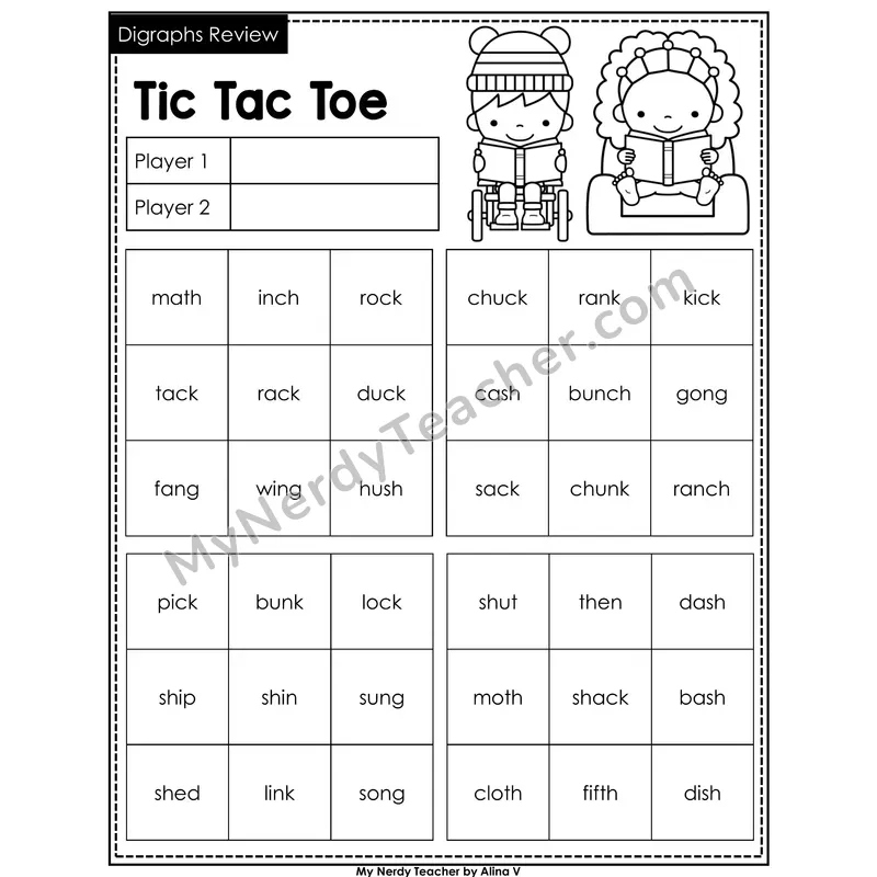 Digraphs Review Tic Tac Toe Decodable Words (Black & White)