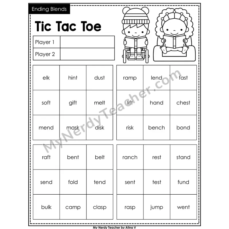 Ending Blends Tic Tac Toe Decodable Words (Black & White)