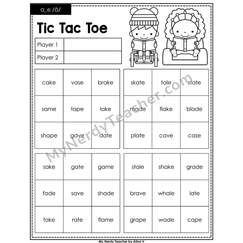 a_e (long a VCe) Tic Tac Toe Decodable Words (Black & White)