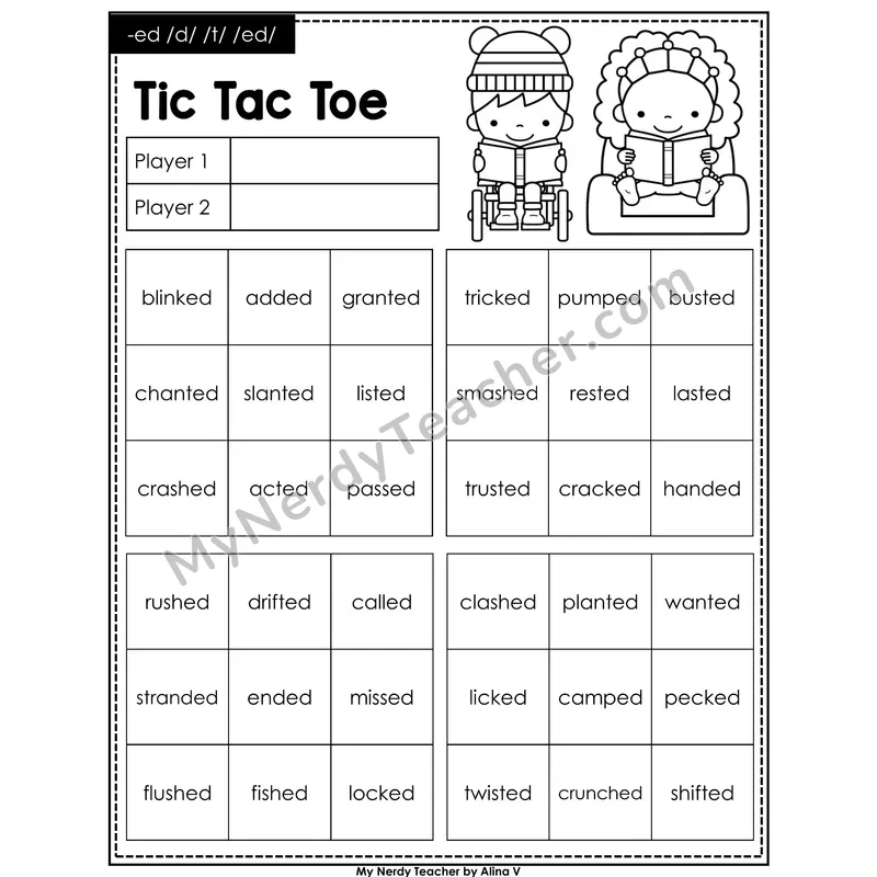 Suffix -ed Tic Tac Toe Decodable Words (Black & White)