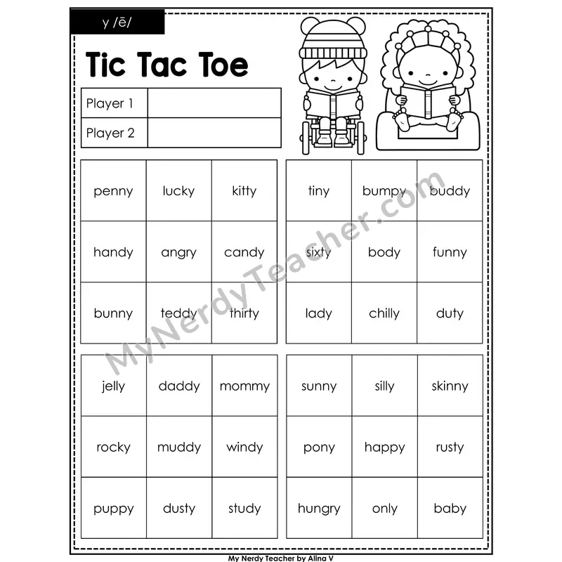 y as Long e Tic Tac Toe Decodable Words (Black & White)