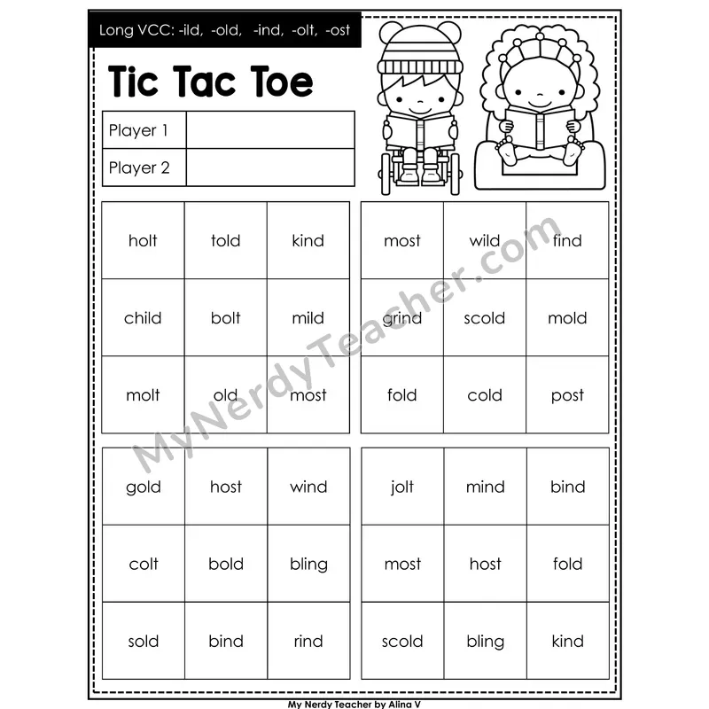 Long VCC (-ild -old -ind -olt -ost) Tic Tac Toe Decodable Words (Black & White)