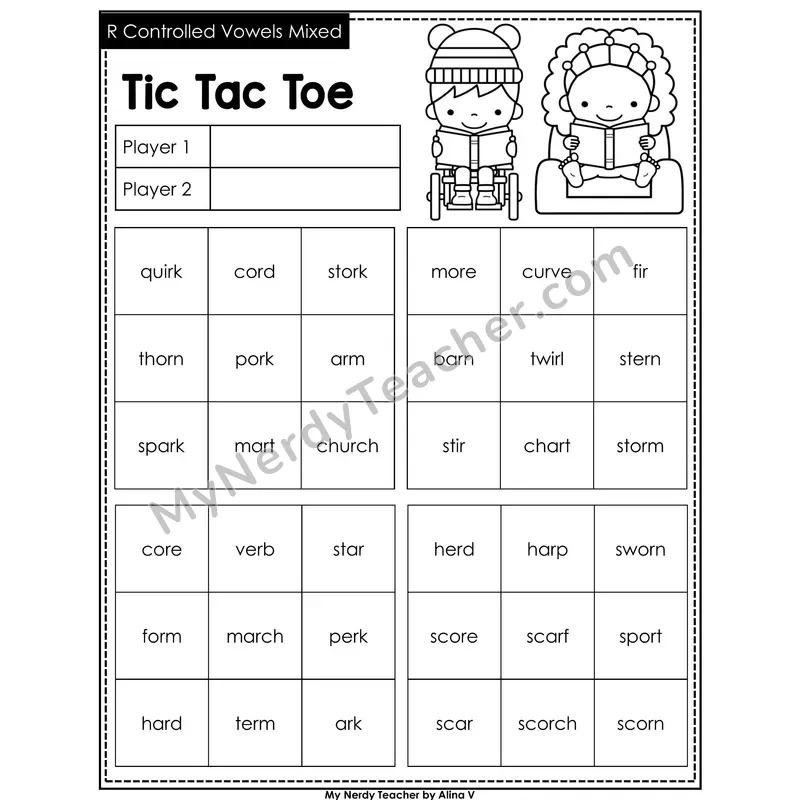R-Controlled Vowels Mixed Tic Tac Toe Decodable Words (Black & White)