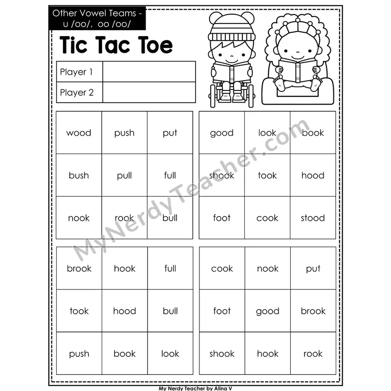 Other Vowel Teams u, oo Tic Tac Toe Decodable Words (Black & White)