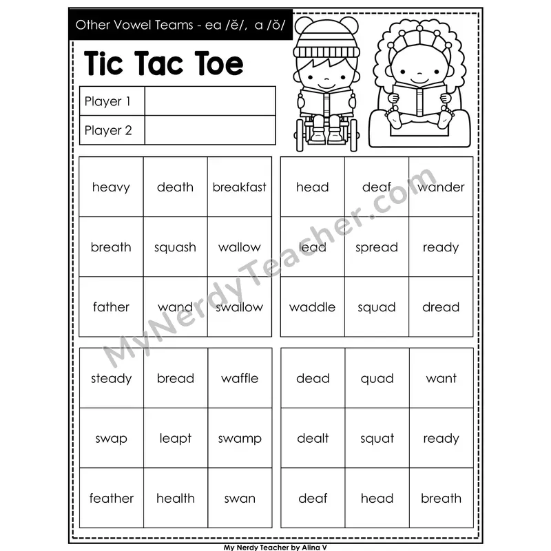 Other Vowel Teams ea short e, a short o Tic Tac Toe Decodable Words (Black & White)