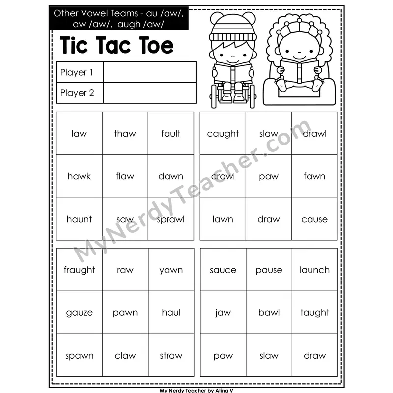 Other Vowel Teams au, aw, augh Tic Tac Toe Decodable Words (Black & White)