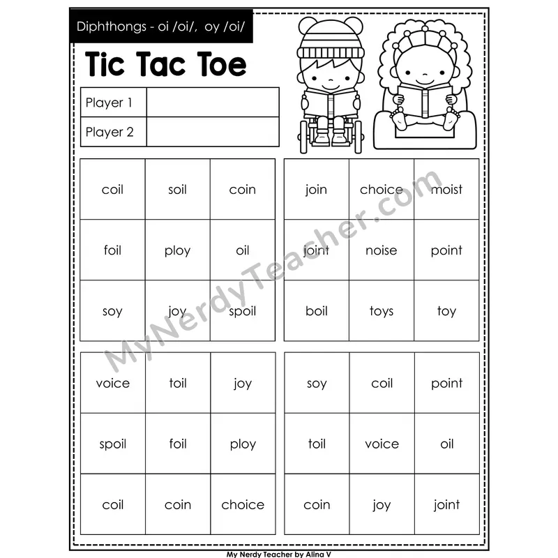 Diphthongs oi, oy Tic Tac Toe Decodable Words (Black & White)