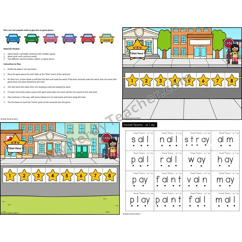 Vowel Teams ai, ay Reading Race Set A