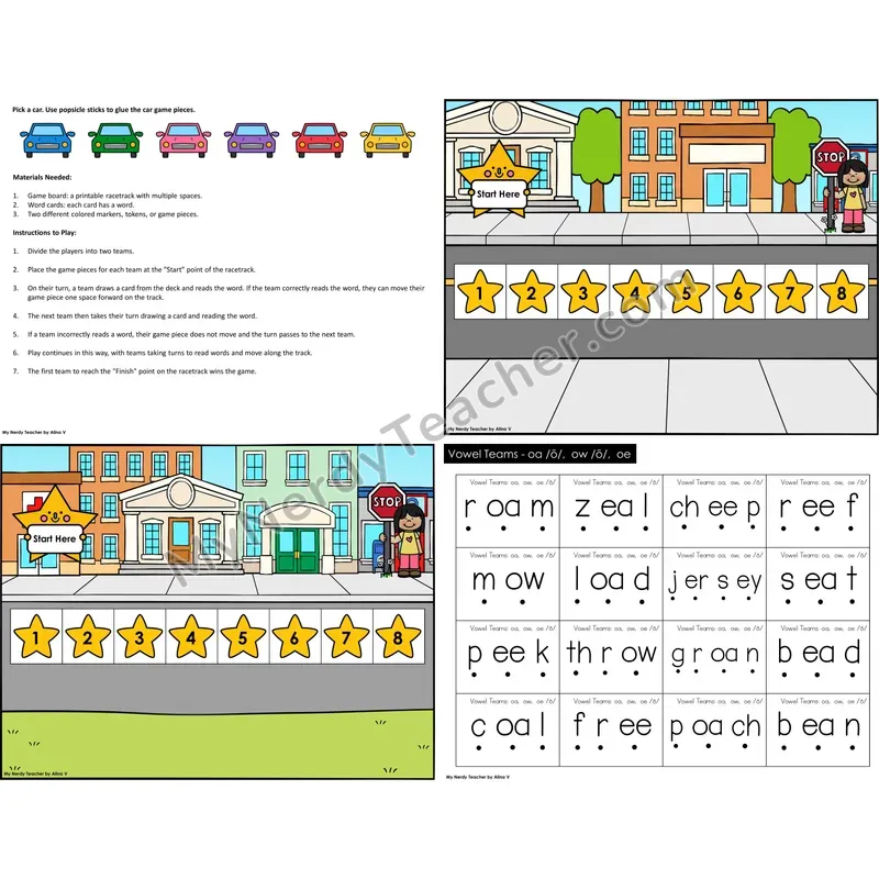 Vowel Teams oa, ow, oe Reading Race Set A