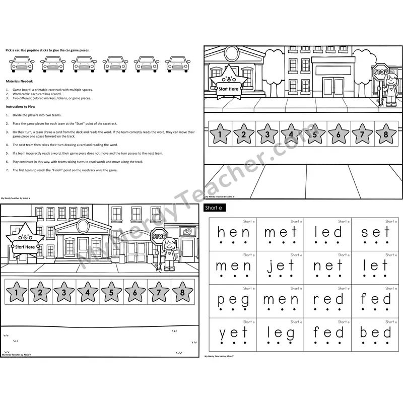 Short e Reading Race Set B (Black & White)