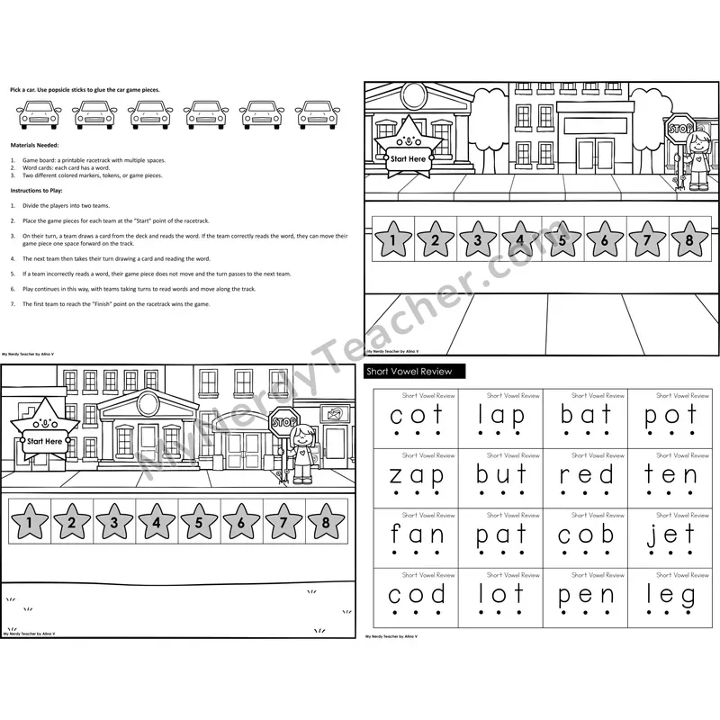 Short Vowels Review Reading Race Set B (Black & White)