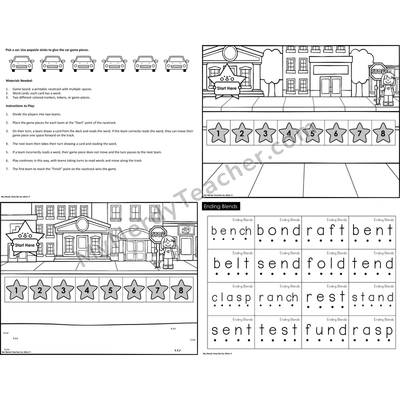 Ending Blends Reading Race Set B (Black & White)
