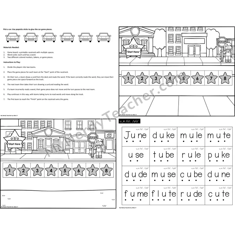 u_e (long u VCe) Reading Race Set A (Black & White)