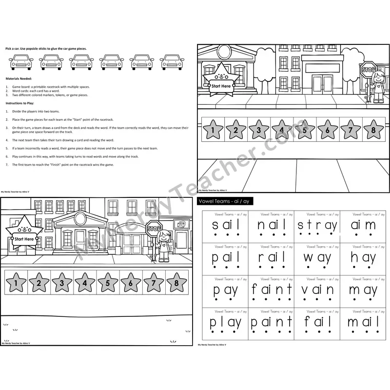 Vowel Teams ai, ay Reading Race Set A (Black & White)