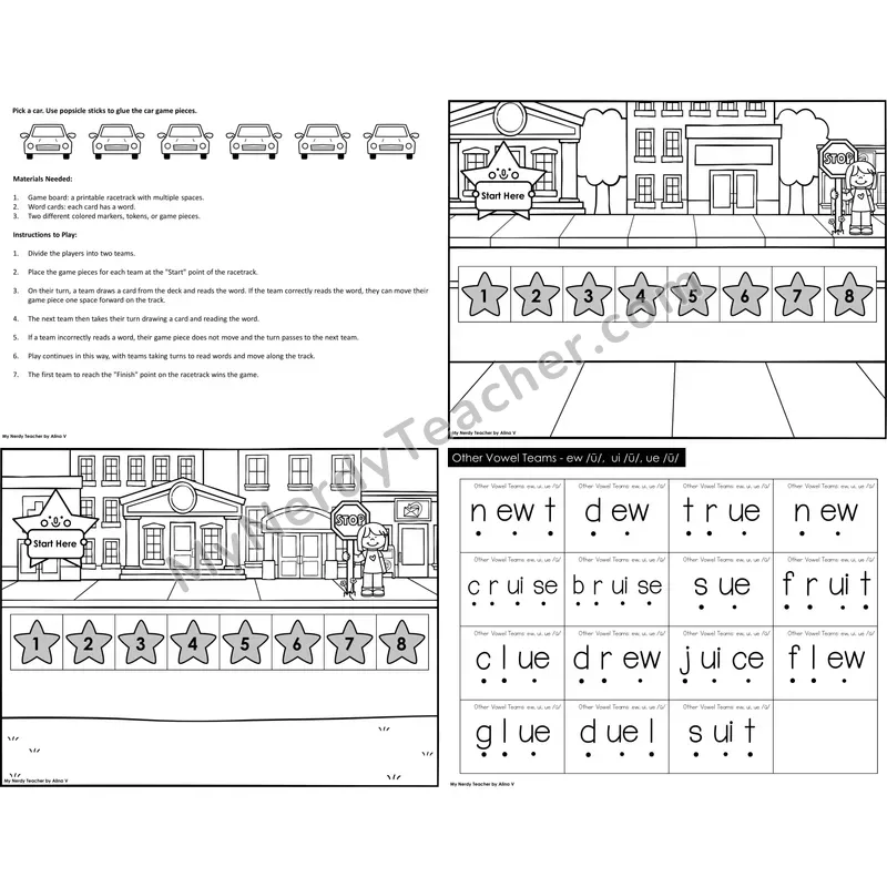 Other Vowel Teams ew, ui, ue Reading Race (Black & White)