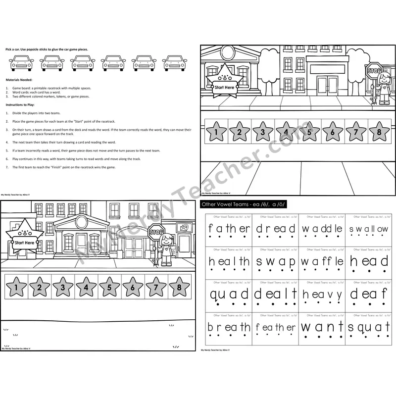 Other Vowel Teams ea short e, a short o Reading Race Set A (Black & White)