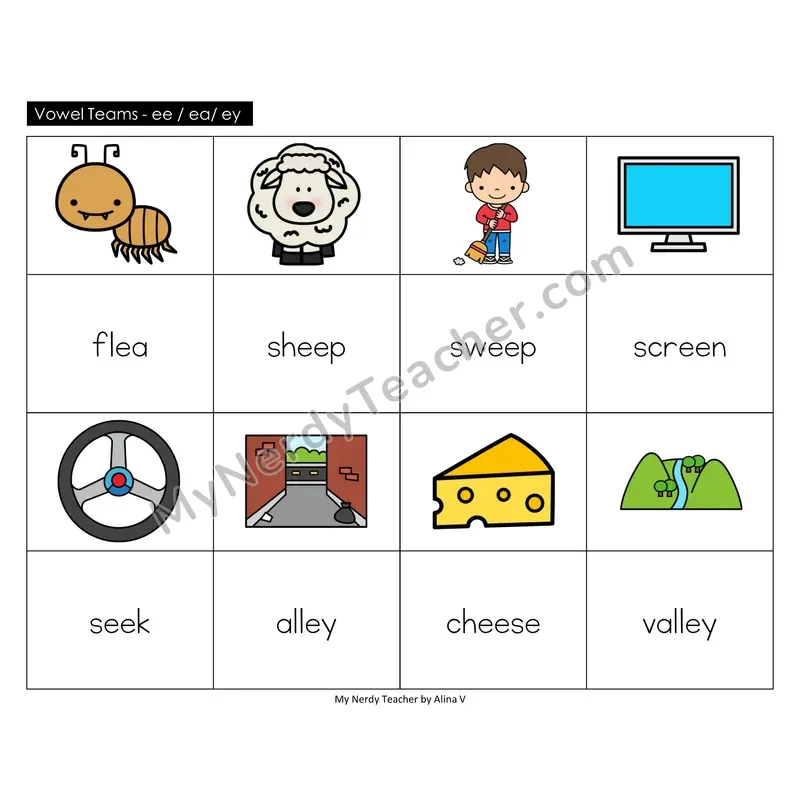 Vowel Teams ee, ea, ey Memory Game