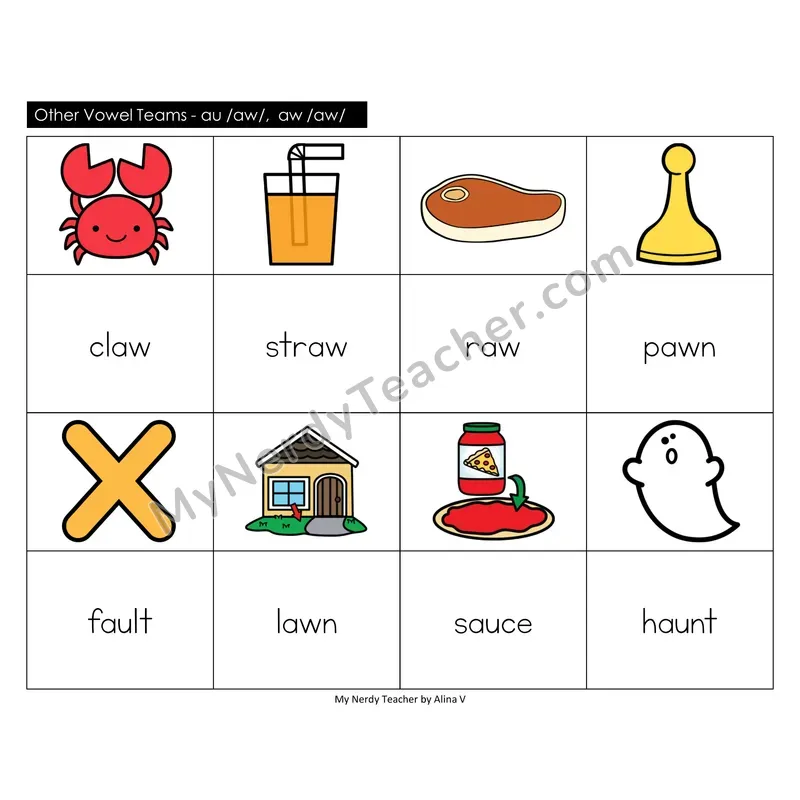 Other Vowel Teams au, aw, augh Memory Game