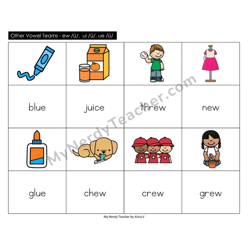 Other Vowel Teams ew, ui, ue Memory Game