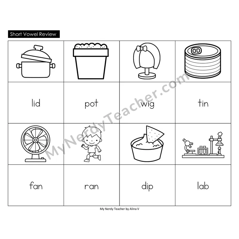 Short Vowels Review Memory Game (Black & White)