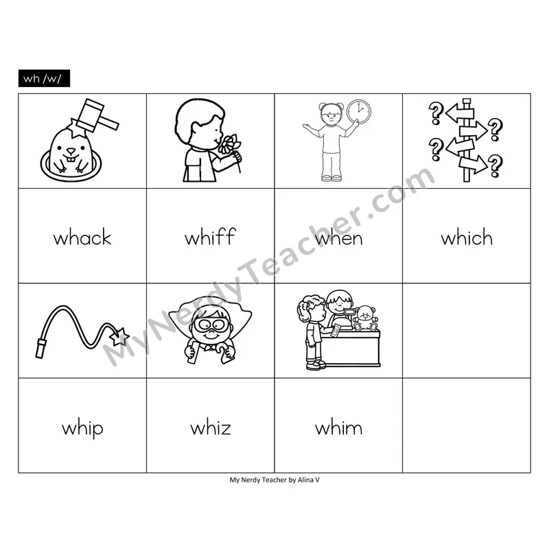 wh digraph Memory Game (Black & White)