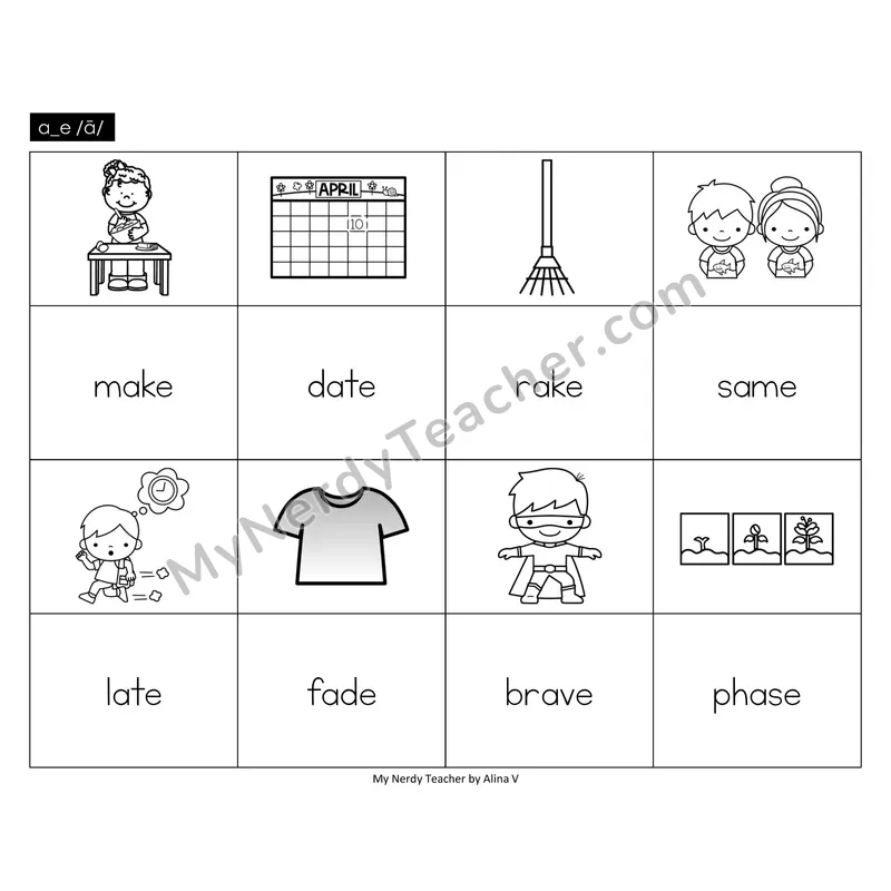 a_e (long a VCe) Memory Game (Black & White)