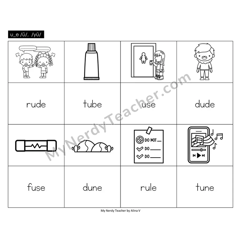u_e (long u VCe) Memory Game (Black & White)