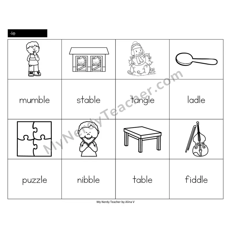 Consonant -le Memory Game (Black & White)