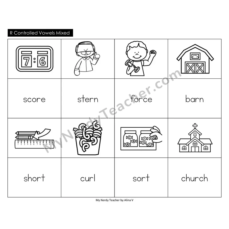 R-Controlled Vowels Mixed Memory Game (Black & White)
