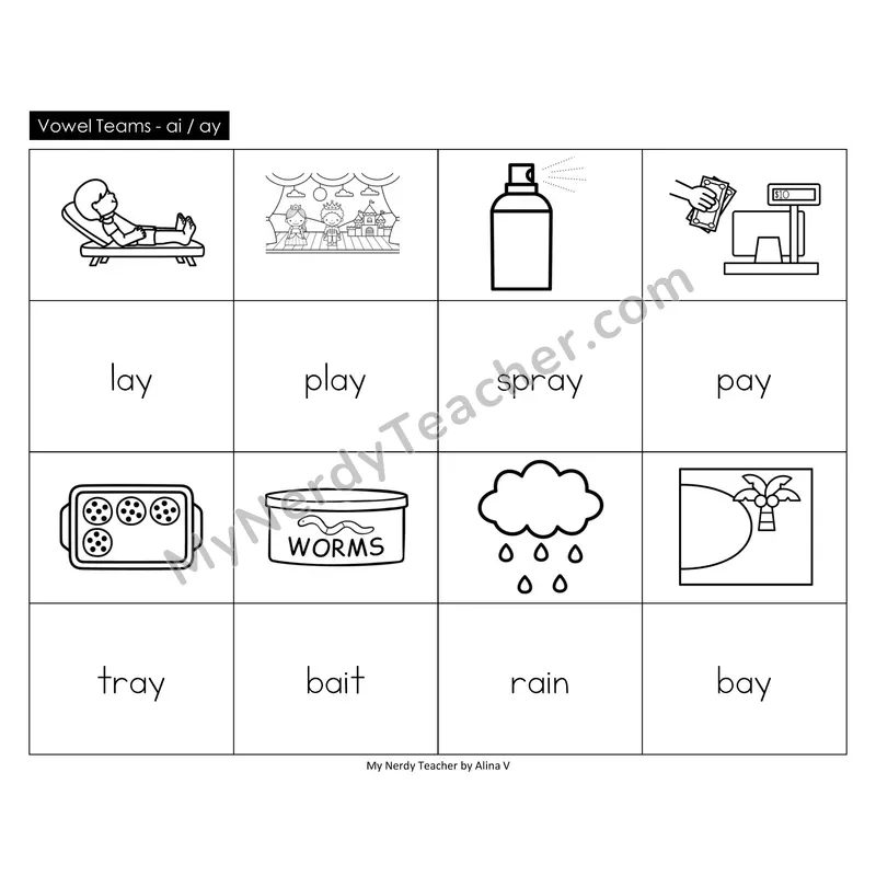 Vowel Teams ai, ay Memory Game (Black & White)