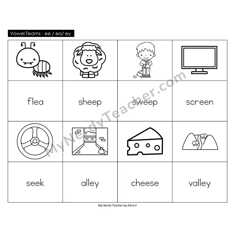 Vowel Teams ee, ea, ey Memory Game (Black & White)