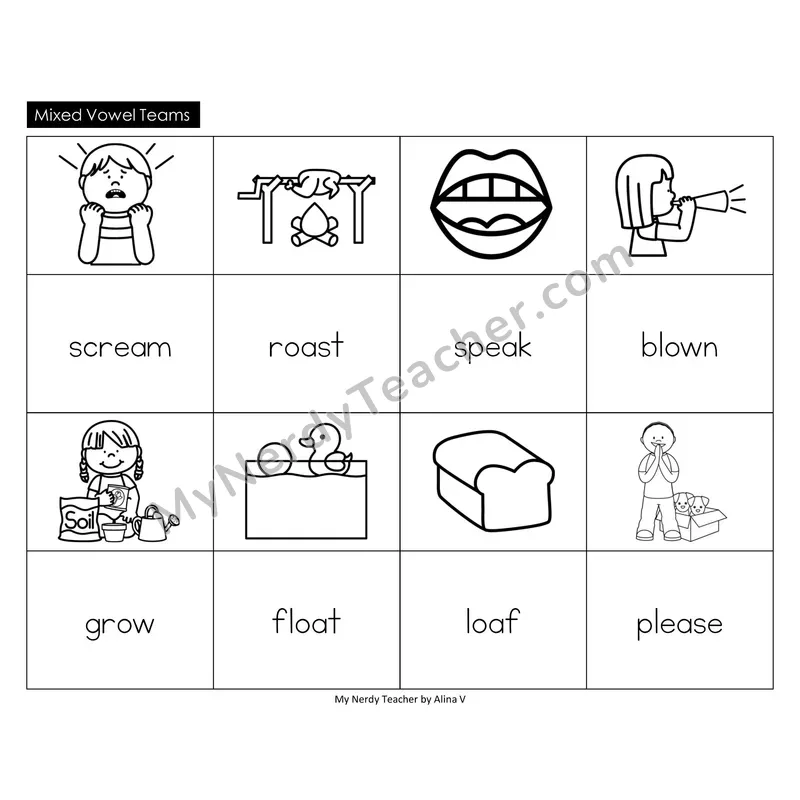 Mixed Vowel Teams Memory Game (Black & White)